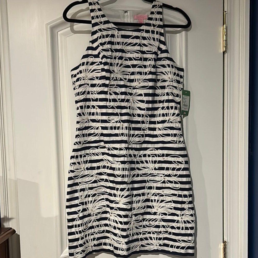 Navy & White Striped Lace Overlay Dress